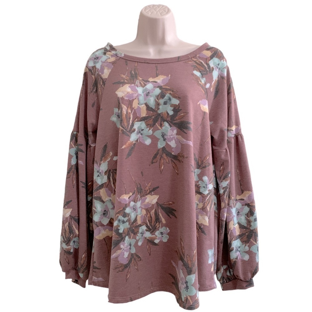 ANNABELLE Mauve Floral Long Balloon Sleeve Tunic Blouse